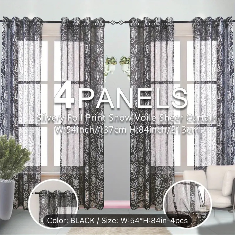 Black Silvery Foil Print Snow Voile Sheer Curtain Panels